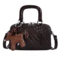 Chique donkerbruine geweven handtas met stijlvolle lederen paardenbedel, schoudertas. - Koffie met Hanger