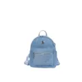 Close-up front view of blue denim mini backpack showing front zipper pocket and metal hardware. - Small (13369) / Without Pendant / Denim Blue