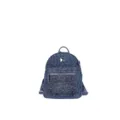 Detailed view of blue denim backpack with rhinestones, front pocket and chic metal hardware. - Small (13369) / Without Pendant / Dark Blue