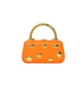 Close-up of orange hard shell clutch bag with shiny gold pebble studs and metallic handle. - Orange