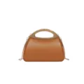 Details of the brown hard shell evening handbag with a stylish gold metal handle and chain. - Yellow