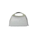 Detail view of a sparkling rhinestone evening clutch with silver metallic handle and chain. - Silver