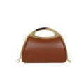 Detailed view of the brown hard shell evening bag with golden metal handle and chain strap. - Brown