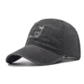 Washed cotton baseball cap featuring embroidered wave heart and palm tree design for outdoor wear. - Adjustable / Black