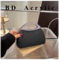 Chic Black Rhinestone Acrylic Evening Bag Metal Handle Chain Crossbody Clutch Purse - Gunmetal