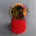Children red knit beanie winter warm hat with colorful fluffy fur pom pom for kids boys girls - Kids (3-7 Years) / Red (4)