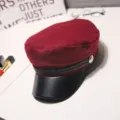Women retro wool blend newsboy cap chic octagonal beret stylish PU leather brim hat - M (56-58cm) / Woolen Sailor Hat Wine Red (Thickened)