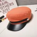 Chic orange women baker boy hat with black leather visor and stylish braided trim detail. - M (56-58cm) / Cotton Sailor Hat Orange (Thin)