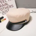 Detailed view of beige baker boy hat with black leather brim and braided strap accent. - M (56-58cm) / Cotton Sailor Hat Beige (Thin)