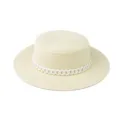 Klassischer Strohhut für Damen mit weißer Kette, flacher Sommer Sonnenhut für den Strand. - Kopfumfang 54-60cm / 21
