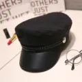 Classic black newsboy cap with leather brim and braided strap for women fashion style. - M (56-58cm) / Cotton Sailor Hat Black (Thin)