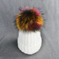 Children winter knit beanie hat with colorful raccoon fur pompom for kids warm cap - Kids (3-7 Years) / White (1)