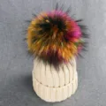 Kids winter warm knit beanie hat with colorful fluffy real fur pom pom fluffy cap. - Kids (3-7 Years) / 5 Light Khaki