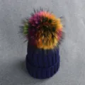 Children winter knit beanie hat with colorful faux fur pom pom warm cute casual cap - Kids (3-7 Years) / 7 Navy Blue