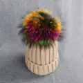 Children knitted beanie hat with colorful faux fur pom pom winter warm wool cap for kids - Kids (3-7 Years) / Dark Khaki