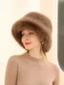 Stylish winter plush bucket hat for women, warm fluffy faux fur cap, cozy outdoor fashion headwear. - Adjustable / Brown