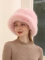 Details of stylish pink fluffy fur bucket hat, cozy winter warm outdoor fashion women hat. - Adjustable / Pink
