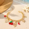 Summer beach multi-charm gold bracelet with cute starfish and cherry pendants for vacation. - Summer Ocean Vacation Style (26052004-1)