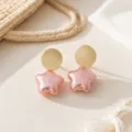 Pink pearlescent star geometric stud earrings with gold round top for sweet daily wear. - Star Style (26080506-3) / Pink Pearlescent