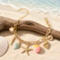 Detailed shot of gold charm bracelet featuring coastal elements like starfish and shells. - Strawberry Shell and Starfish Style (26052004-3)