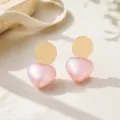 Pink pearlescent textured heart earrings with gold round top cute geometric sweet jewelry detail - Heart Style (26080506-4) / Pink Pearlescent