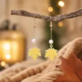 Detail view of vintage Maillard style yellow maple leaf pearl long drop earrings for women. - Yellow Maple Leaf Artificial Pearl Style (25080611-2)
