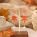 Autumn maple leaf pearl long earrings, elegant tassel hook jewelry for women, stylish autumn accessory. - Pink And Orange Maple Leaf (25080612-2)