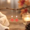 Maillard autumn maple leaf pearl long hook earrings vintage drop oil pendant jewelry - Orange-Red Maple Leaf Artificial Pearl Style (25080611-1)