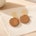 Retro vintage geometric drop earrings featuring gold oval top and textured brown pendant. - Round Texture Style (26080504-1)