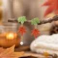 Autumn maple leaf pearl earrings long tassel design, elegant forest style gold drop earrings for women. - Red And Green Maple Leaf (25080612-3)