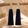 Bohemian long navy blue tassel earrings with gold textured metal studs for women. - Black