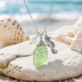 Green sea glass pendant necklace with pearl and seahorse charm for women ocean style - Green Seahorse Necklace (22101709)