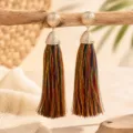 Bohemian multicolor long tassel earrings with gold-tone hammered metal studs for women. - Colorful