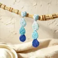 Gradient blue teardrop woven earrings, Bohemian vacation raffia handmade dangle earrings SKU. - Blue