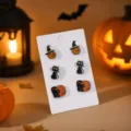 Halloween pompoen en zwarte kat emaille oorknopjes set, schattige griezelige feestdag sieraden. - 25080401-4