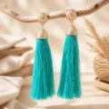 Bohemian turquoise tassel earrings, long gold metal drop fringe boho jewelry for women. - Lake Green