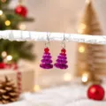 Boucles d'oreilles sapin de Noël en cristal, perles scintillantes pour fêtes de fin d'année. - Boucles d'oreilles rouge pourpre