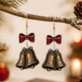Pendientes acrílicos navideños con lazo rojo, aretes de campana dorados colgantes para mujer - Campana Lazo Rojo 2 (26083001-2)