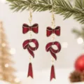 Hermosos pendientes colgantes de lazo rojo elegantes para mujeres fiesta Navidad - Pendientes de Borla de Lazo de Triple Capa