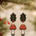 Pendientes colgantes de Navidad festivos con hojas de acebo acrílicas y hongos rojos adorables. - Hoja y Champiñón (26083002)