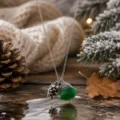 Green sea glass necklace pendant with pinecone charm silver chain winter jewelry gift for women - Green Glass Pine Cone Style (23030220)