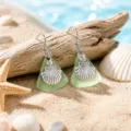 Green sea glass seashell hook earrings, beach style ocean jewelry for women summer wear. - Green Shell Earrings (24043005)