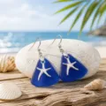 Blue sea glass starfish earrings, ocean style beach jewelry variant, elegant summer accessory. - Lake Blue Starfish Earrings (24043005)