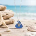 Ocean blue sea glass necklace with silver turtle and pearl charm beach style pendant jewelry - Dark Blue Sea Turtle Necklace (24122605)