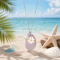Pink sea glass necklace with pearl and flower charm, beach ocean style clavicle chain jewelry. - Pink Daisy Necklace (24122605)