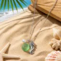 Ocean style sea glass seahorse pendant necklace, trendy summer beach jewelry for women. - Light Green Seahorse Pearl Style (24122608)