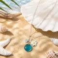 Blue sea glass daisy necklace variant, silver chain ocean style jewelry for women and girls. - Lake Blue Daisy Love Style (24122608)