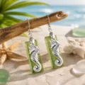 Silver seahorse green sea glass dangle earrings beach style ocean jewelry for women gifts 1pair - Green Seahorse Earrings (24043002)