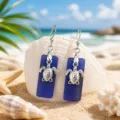 Blue sea glass earrings with silver turtle charms beach style fashion jewelry gifts - Dark Blue Sea Turtle Earrings (24043002)