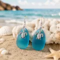 Blue sea glass turtle earrings ocean style silver fishhook drop earrings for women beach jewelry - Lake Blue Sea Turtle Earrings (24043006)